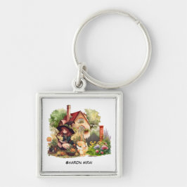 パーソナライズ |かわいい小さな魔女とキツネキーチェーン キーホルダー