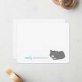 パーソナライズ かわいい グレー ネコ 便箋 ノートカード (正面/裏面インサイチュ)