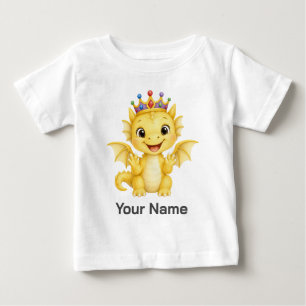 パーソナライズ かわいい 黄色い 赤ちゃん ドラゴン クラウン トドラー ベビーTシャツ
