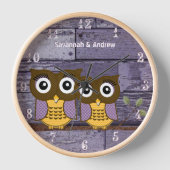 パーソナライズ オールド ラスティック アクア ウッド ラブ バード フクロウ 壁時計 (正面)