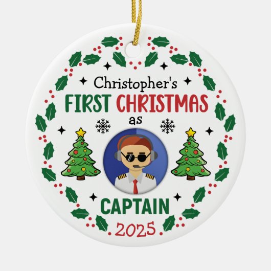 パーソナライズ キャプテン 氏名入り クリスマス セラミックオーナメント (正面)