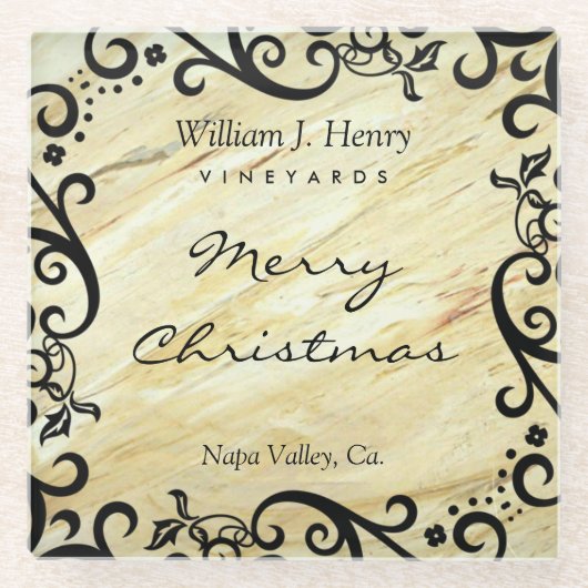 パーソナライズ クリスマス マーブル スクロール ワイン ガラスコースター (正面)