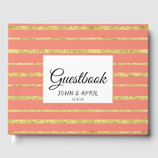 パーソナライズ ゴールドストライプとコーラル ゲストブック (正面)