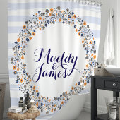 パーソナライズ ネイビーブルー フラワー リース シャワーカーテン