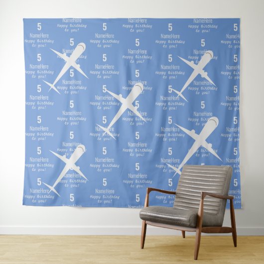 パーソナライズ ハッピーバースデー 航空機 名前 青 タペストリー (インサイチュ(横))