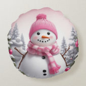 パーソナライズ：ハッピーピンクスカーフクリスマス雪だるま ラウンドクッション (裏面)