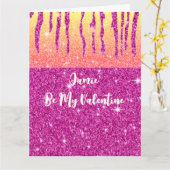 パーソナライズ バレンタイン ホットピンク グリッター ツートーン カード (黄色い花)