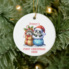 パーソナライズ パンダとハリネズミの赤ちゃんのクリスマス セラミックオーナメント