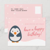 パーソナライズ - ピンクのイラストペンギンの誕生日 ポストカード (正面/裏面)