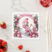 パーソナライズ：ピンクのクリスマス雪だるま スタンダードカクテルナプキン (インサイチュ)