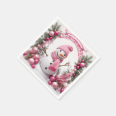 パーソナライズ：ピンクのクリスマス雪だるま スタンダードカクテルナプキン (角)
