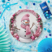 パーソナライズ：ピンクのクリスマス雪だるま ペーパープレート (パーティー)