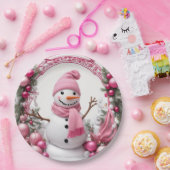 パーソナライズ：ピンクのクリスマス雪だるま ペーパープレート (パーティー)
