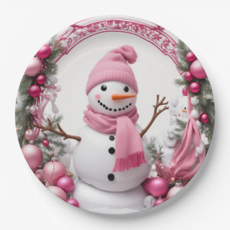 パーソナライズ:ピンクのクリスマス雪だるま ペーパープレート