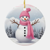 パーソナライズ:ピンクスカーフクリスマス雪だるま セラミックオーナメント (裏面)