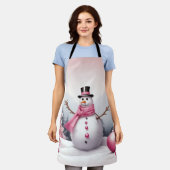 パーソナライズ:ピンクテーマクリスマスツリー&雪だるま エプロン (着用した状態)
