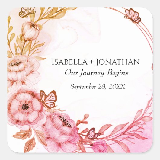 パーソナライズ ピンク オレンジ 花 フラワーバタフライ スクエアシール (正面)