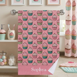 パーソナライズ ピンク グリッター カップケーキ バスタオル