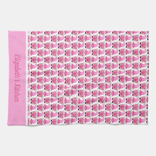 パーソナライズ ピンク ノーム ハート ウッドランド ワンダーランド キッチンタオル (横)