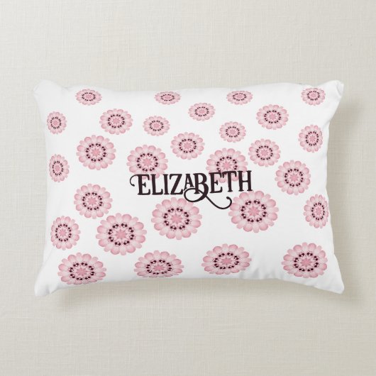 パーソナライズ ピンク フラワー パターン ラウンド ピロー (正面)