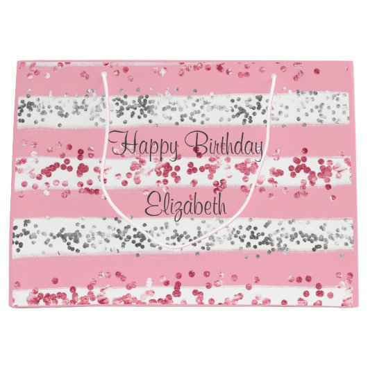 パーソナライズ ピンク ホワイト グレー シルバー グリッター ラージペーパーバッグ (正面)