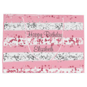 パーソナライズ ピンク ホワイト グレー シルバー グリッター ラージペーパーバッグ (裏面)