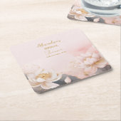 パーソナライズ ブライダルシャワー ピンクの蓮の花 No.7 スクエアペーパーコースター (アングル)