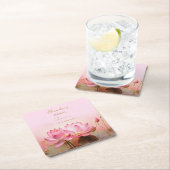パーソナライズ ブライダルシャワー ピンク ロータス スクエアペーパーコースター (インサイチュ)