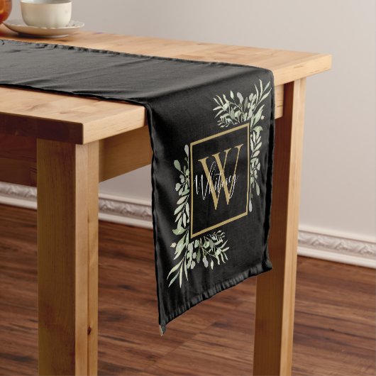 パーソナライズ ブラック ゴールド モノグラム グリーンフローラル ショートテーブルランナー (インサイチュ)
