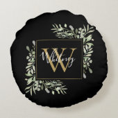 パーソナライズ ブラック ゴールド モノグラム グリーンフローラル ラウンドクッション (裏面)