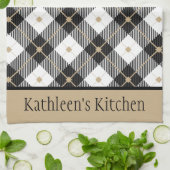 パーソナライズ ブラック ホワイト ゴールド プラッド バッファロー プラッド キッチンタオル (折り畳み)