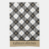 パーソナライズ ブラック ホワイト ゴールド プラッド バッファロー プラッド キッチンタオル (縦)