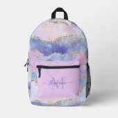 パーソナライズ ブルー ウォーターカラー ゴールド グリッター アゲート プリントバックパック (正面)