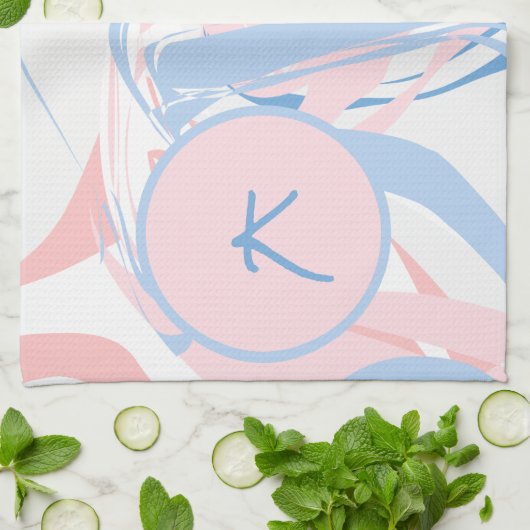 パーソナライズ ブルー ホワイト ピンク マーブル スワール アブストラクト キッチンタオル (折り畳み)