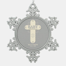 パーソナライズ、ベビー献身クリーム&グレークロス スノーフレークピューターオーナメント