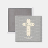 パーソナライズ、ベビー献身クリーム&グレークロス マグネット (正面/裏面)