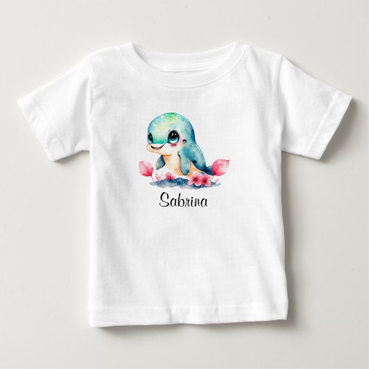 パーソナライズ ベビー キッズ 子供 イルカ 水彩 ベビーTシャツ (正面)