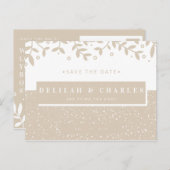 パーソナライズ - ベージュの葉の模様 Save the Date ポストカード (正面/裏面)