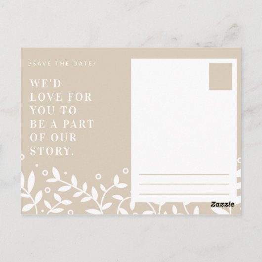 パーソナライズ - ベージュの葉の模様 Save the Date ポストカード (裏面)