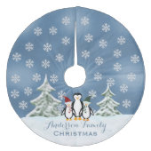 パーソナライズ: ペンギン家族のクリスマスツリーのスカート フリース ツリースカート (正面)