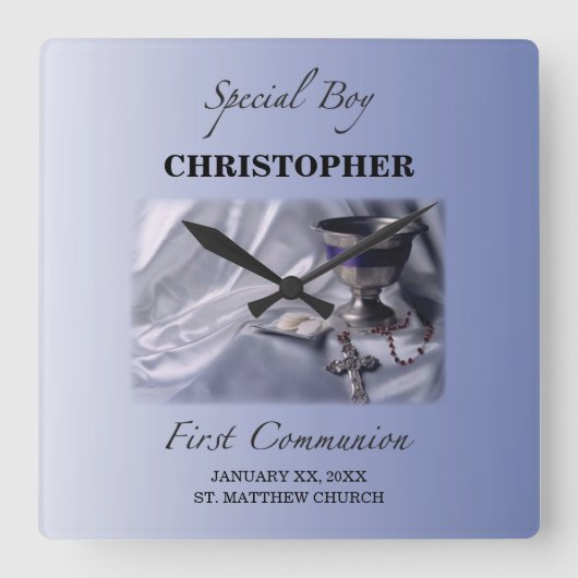 パーソナライズ、ボーイ、ファースト・コミュニション・ブルー スクエア壁時計 (正面)