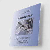 パーソナライズ、ボーイ、ファースト・コミュニション・ブルー スクエア壁時計 (傾斜)