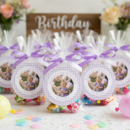 パーソナライズ ラベンダー ギンガム 1歳 誕生日 写真 ラウンドシール