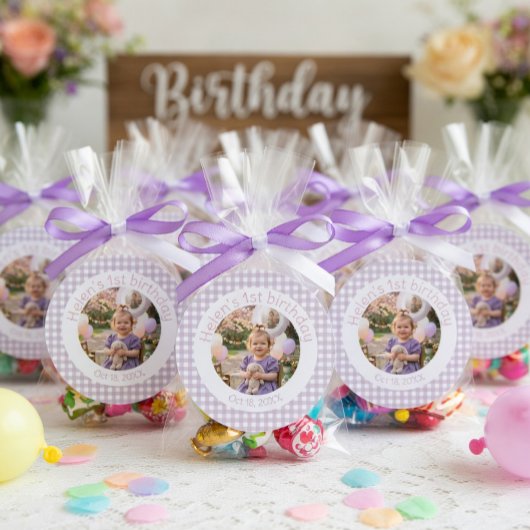 パーソナライズ ラベンダー ギンガム 1歳 誕生日 写真 ラウンドシール