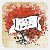 パーソナライズ ラベンダー ハート リーフ ツリー ウェディング スクエアシール (正面)