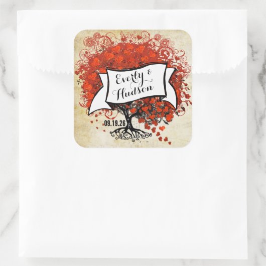 パーソナライズ ラベンダー ハート リーフ ツリー ウェディング スクエアシール (バッグ)