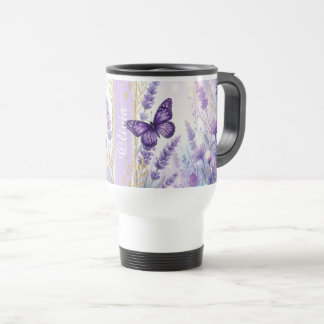 パーソナライズ ラベンダー バタフライ 15oz トラベル カップ