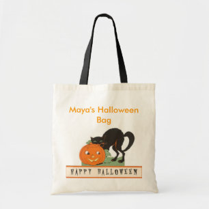 パーソナライズ ヴィンテージ 黒猫 ハロウィン レトロ トートバッグ