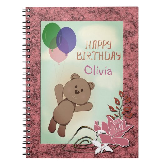 パーソナライズ，個人的，誕生日，テディベア ノートブック (正面)