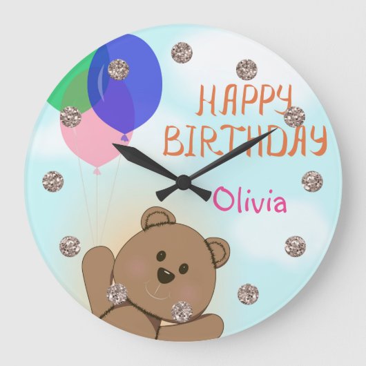パーソナライズ,個人的,誕生日,テディベア ラージ壁時計 (正面)